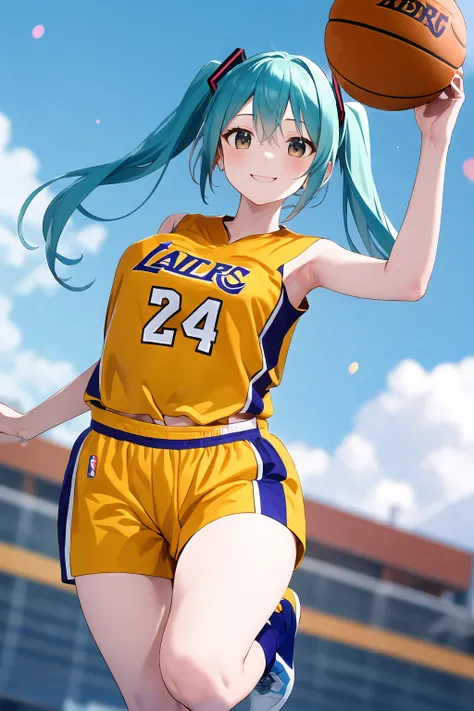 masterpiece, best quality, 1girl, solo,smile, yellow shirt, basketball uniform,hatsune miku, <lora:No.24 jersey:0.8>,basketball,arm sling, outdoors, jumping, blue sky, basketball hoop, midair,