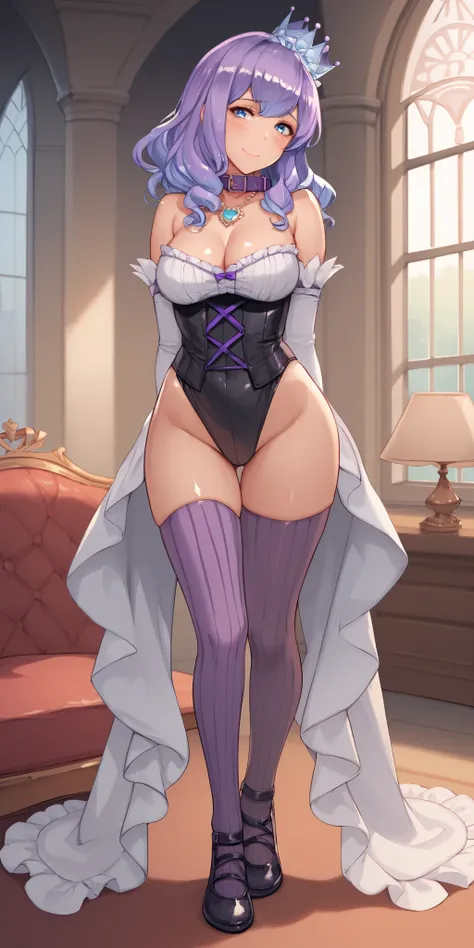 score_9, score_8_up, score_7_up, 1girl, mature female, shiny skin, <lora:Expressive_H:0.8>, <lora:Caroline-10:0.8>,caroline, blue eyes, purple hair, two-tone hair, hair ornament, bare shoulders, breasts, cleavage,  detached sleeves, frilled sleeves, white ...