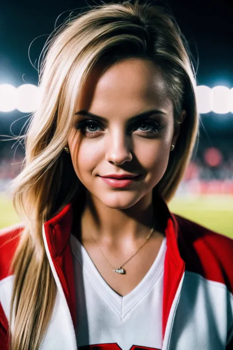 MenaS_SoloTI_v1,
(happy,smile), (In a red cheerleader outfit, with a white sweater, for an energetic and captivating look), ((A high school football field in the evening, with stadium lights illuminating the scene, vibrant atmosphere)), (seductive:1.3),(an...