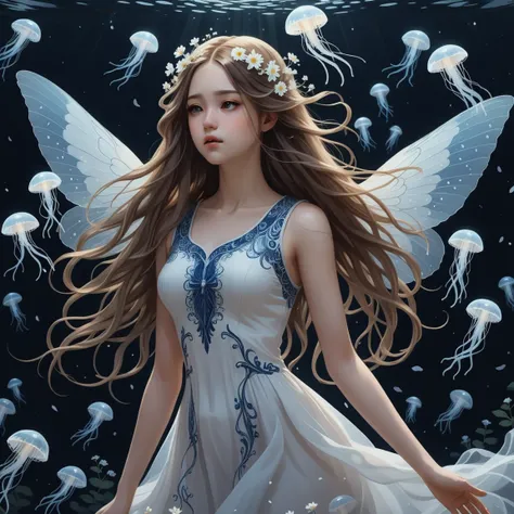 The image is a digital art piece that appears to be a portrait of a young woman with long, flowing hair. She is wearing a white dress with a blue and white design on her head and wings that are spread out behind her. The wings are made up of small white fl...