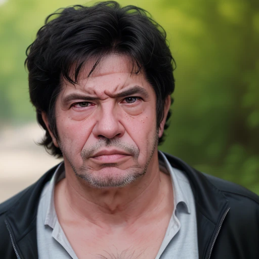 1boy, man, lio_ast, male focus, portrait, old, focus on face, solo, displeased, looking at the viewer, outdoors background, casual, blurry background, black hair, facial hair, <lora:Lionnel_Astier_-_Léodagan_Kaamelott_r1:1>