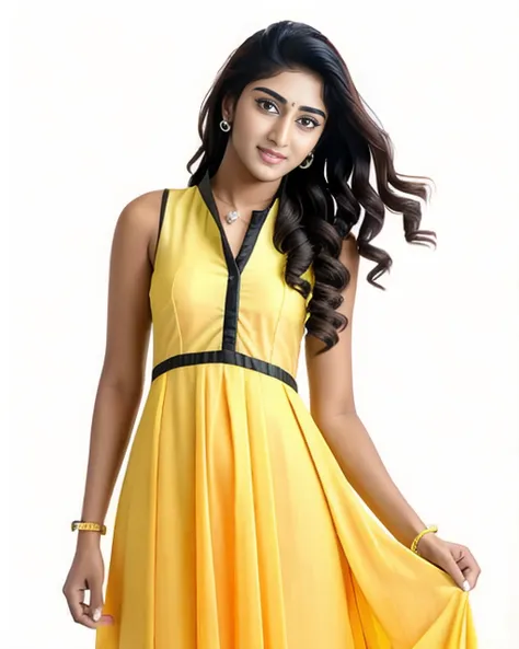 photo of erjf woman, wearing Yellow  ethnic dress, full body, dynamic pose, curls, , facing viewer, looking at viewer, contrasting background bokeh  <lora:erjf_Erica_Fernandes_SD15_LoRA_prodigy_local_regs_HNepochs:1>