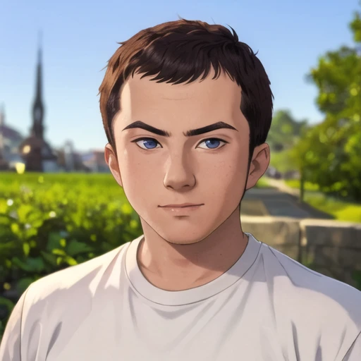 1boy, man, att_sch, male focus, portrait, focus on face, young, solo, funny, looking at the viewer, outdoors background, shirt, blurry background, <lora:Atticus_Shaffer:1>