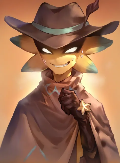 score_9, score_8_up, score_7_up, score_6_up, score_5_up, score_4_up, source_furry, yellow skin, shadowed eyes, shadow under hat, cowboy hat, front view, utstarlo, cape, smile, brackets, teeth, black gloves, sweat, colored skin, star, 1boy,  no pupils, solo...