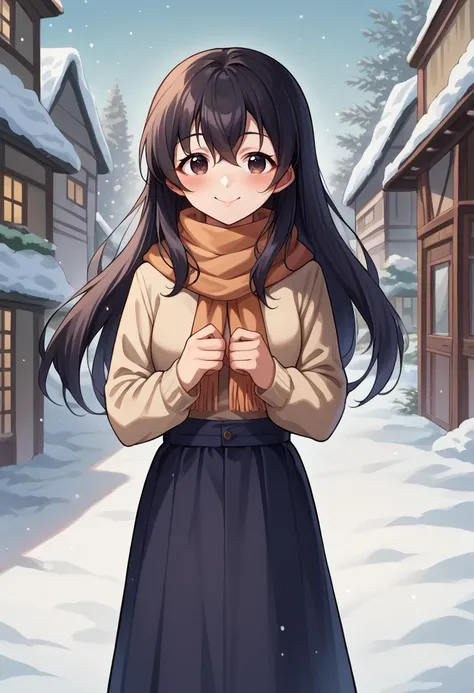 score_9, score_8_up, source_anime, 1girl, solo, HajimeFujiwara, black hair, long hair, turtleneck sweater, long skirt, outdoors, scarf, winter, smile, blush, <lora:ChamHajimeFujiwaraPonyXL:0.8>