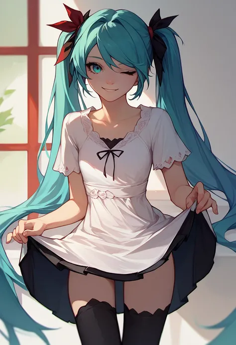 score_9, score_8_up, score_7_up, solo, 1girl, worldisminemiku, smile, looking at viewer, skirt hold, twintails, hair ribbon, one eye closed, white dress, short sleeves, black thighhighs <lora:vocaloid_worldisminemiku_ponyXL:1>