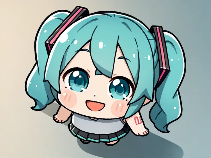 <lora:bkub-PonyXL-1024px:0.9>
score_5_up, score_6_up,
1girl, solo, from above, chibi, looking at viewer, wearing (sleeveless, black pleated skirt), looking at viewer, aqua hair, aqua eyes, twintails, hair ornament, hatsune_mik, smile, open_mouth, blush_sti...