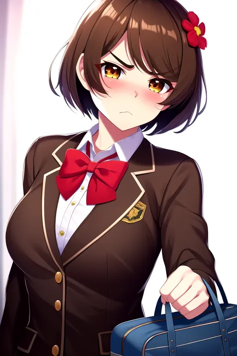 masterpiece, best quality, very aesthetic, absurdres, high quality, HuracanV3,
1girl, solo, looking at viewer, blush, short hair, bangs, brown hair, shirt, hair ornament, bow, brown eyes, closed mouth, school uniform, jacket, white shirt, upper body, flowe...