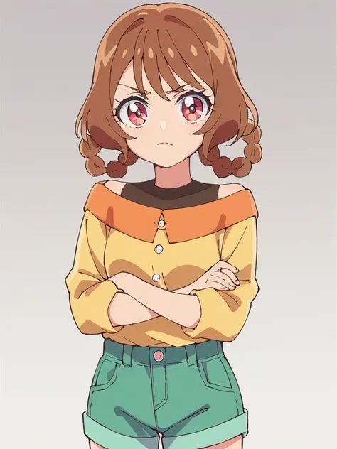 score_9, score_8_up, score_7_up, 
1girl, hanamichi ran, brown hair, medium hair, hair rings, red eyes,

frown, crossed arms, looking at viewer, 

yellow shirt, off-shoulder shirt, green shorts,
