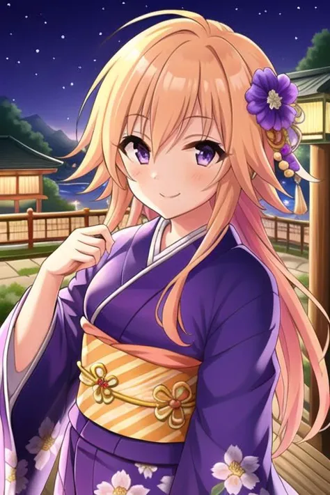 (masterpiece),ninomiya asuka, long hair, orange hair, purple eyes,1girl, solo, japanese clothes, kimono, flower, hair ornament, night, hair flower, smile, floral print, sky, sash, outdoors