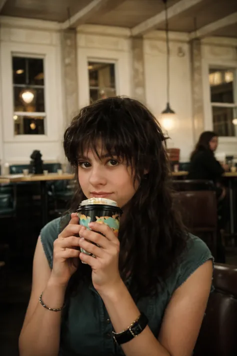 <lora:CindyPerez:0.8> full color portrait of a young woman, having coffee at a vintage cafe, natural light, RAW photo, subject, 8k uhd, dslr, soft lighting, film grain, Fujifilm XT3, Nikon D850