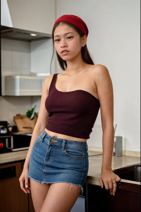 photo of a beautiful girl, ripped denim short miniskirt, torn tank top,  mod cut, and deep burgundy woolen beret, Berry lipstick
BREAK
Kitchen
BREAK
<lora:[TH]_-_Joie_Vejjajiva:1> mt-joie, RAW candid cinema, 16mm, color graded portra 400 film, remarkable c...