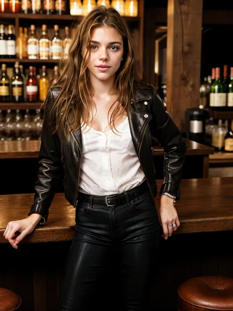 RAW photo,   tv_Penny_Preston_MXAI
BREAK
, hard expression, wearing biker boots, wearing detailed leather pants, wearing a band t-shirt, wearing a leather jacket, standing at the bar in a biker bar, shot from the side, PA7_Portrait-FL 
BREAK, (((Ultra-HD-d...