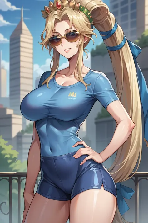 score_9, score_8_up, score_7_up, score_6_up, source_anime, 1girl, solo,  <lora:fenyna-pdxl-nvwls-v1-000005:1> fenyna, blonde hair, long ponytail, hair ribbon, crown, large breasts, blue t-shirt, collarbone, sunglasses, spandex shorts, tight clothes, shiny ...