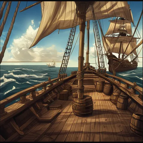 Ship deck (wooden sailing ship, warm anime)