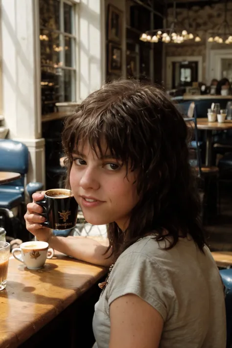 <lora:CindyPerez:0.8> full color portrait of a young woman, having coffee at a vintage cafe, natural light, RAW photo, subject, 8k uhd, dslr, soft lighting, film grain, Fujifilm XT3, Nikon D850