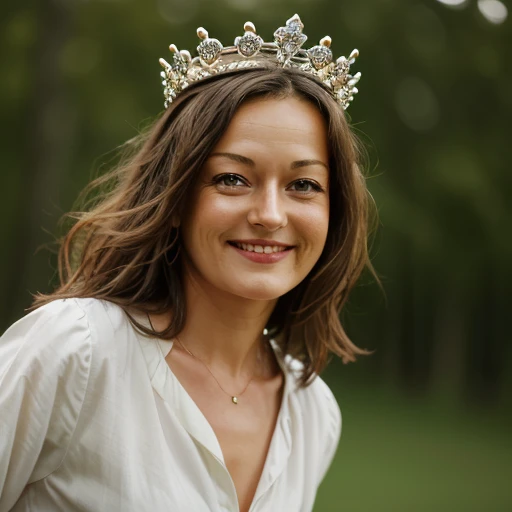 1girl, woman, ann_gir, portrait, focus on face, solo, smile, looking at the viewer, queen, crown, outdoor background, blurry background, <lora:Anne_Girouard_-_Guenièvre_Kaamelott:1>