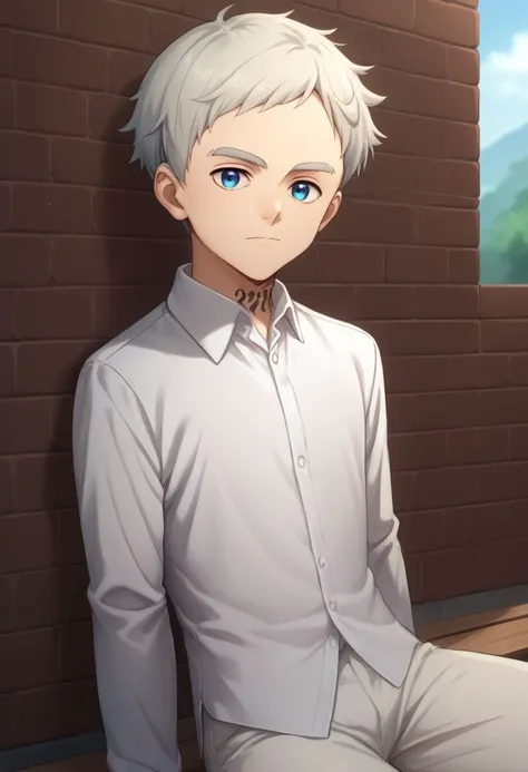 score_9, score_8_up, score_7_up, source_anime, highly detailed, 
norman, 1boy, blue eyes, male focus, shirt, solo, white shirt,  looking at viewer, upper body, collared shirt, grey hair, short hair, closed mouth, number tattoo, neck tattoo, white pants, br...