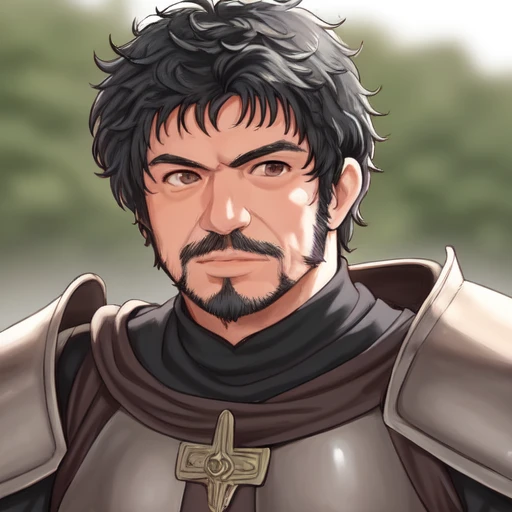 1boy, man, lio_ast, male focus, portrait, old, focus on face, solo, neutral, looking at the viewer, outdoors background, medieval armor, blurry background, black hair, facial hair, <lora:Lionnel_Astier_-_Léodagan_Kaamelott_r1:1>