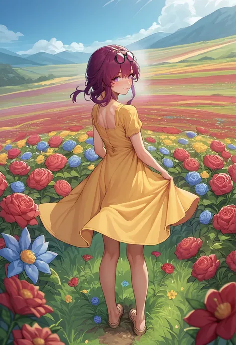 score_9, score_8_up, score_7_up, source_anime, <lora:Kafka-000008:1>, kafkadef, 1girl, solo,  purple eyes, bangs, full body, eyewear on head, yellow sundress, flowers, colorful flowers, red flowers, blue flowers, field, from behind, looking back, smile, bl...