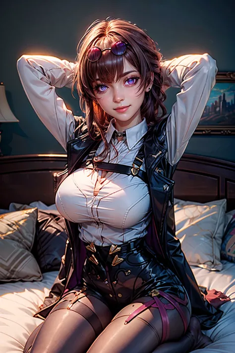 (ultra realistic,32k, masterpiece:1.2),(high detailed skin:1.1),( high quality:1.1),  BREAK,   <lora:kafkaStarrailUdon_SD:0.7>,   kafkat, (seiza,  arms behind head:1), smile, head tilt, purple eyes, looking at viewer, sunglasses, eyewear on head, harness, ...
