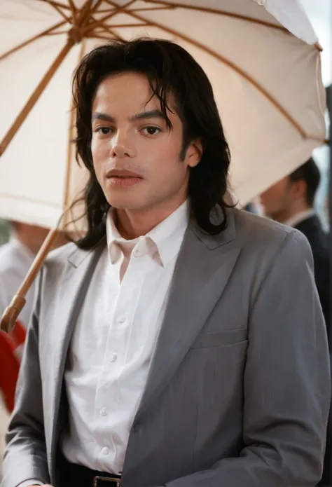 score_9, score_8_up, score_7_up, MichaelJackson, solo, long hair, shirt, black hair, 1boy, holding, jacket, white shirt, male focus, parted lips, collared shirt,  black eyes, lips, looking at viewer, umbrella, formal, suit, portrait,  realistic