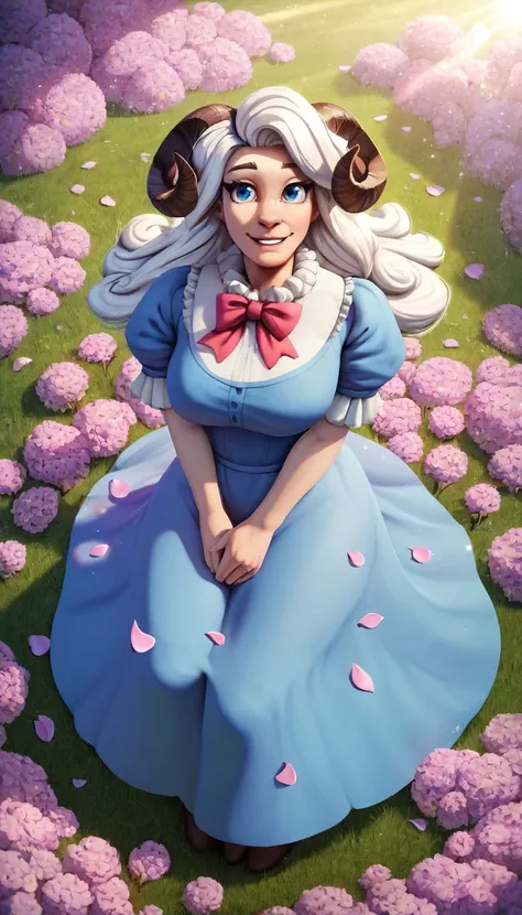 zPDXL2, score_9, score_8_up, score_7_up, score_6_up, score_5_up, score_4_up,  solo,outdoors,field,flowers,sunbeam,sheep girl,neck tuft,white hair,sheep horns,blue eyes,blue dress,frills,puffy sleeves,ribbons,bowtie,long hair,lens flare,from above,happy,win...