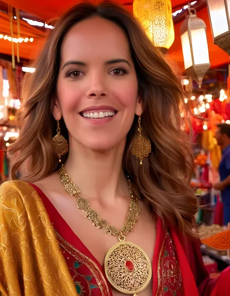 A captivating close-up image of Laura Contreras, with her long, wavy chestnut hair cascading down her shoulders, framing her expressive brown eyes that sparkle with warmth and radiant self-assurance. The background reveals a vibrant street market in Marrak...