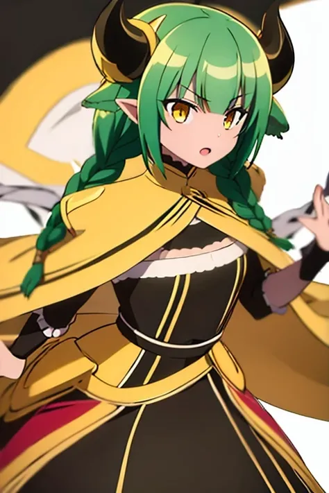 1girl,solo,Valefor, Foll, green hair, bangs,yellow eyes, braid, horns, full length, action pose