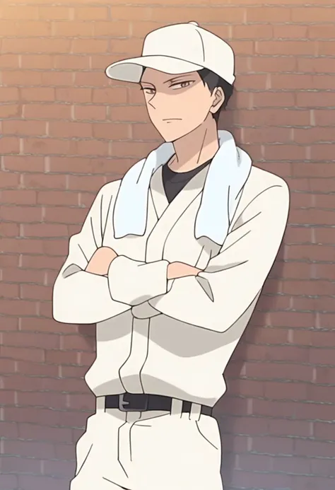 score_9, score_8_up, score_7_up, source_anime, rating_safe, HayKam, anime screencap, medium shot, 1boy, male focus, baseball uniform, baseball cap, towel around neck, arms crossed, leaning back, brick wall, look at me as if I am your best lover in life wai...