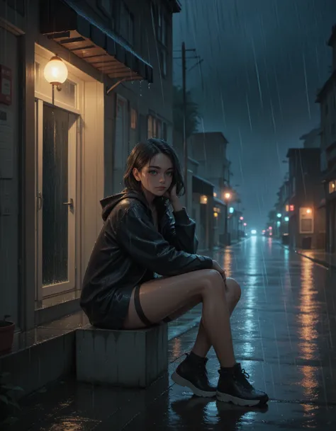 score_9, score_8_up, score_7_up,score_6_up, score_5_up,1girl, looking at the viewer, raining, night, street, sitting,