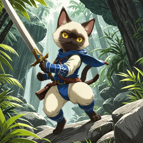 (by Awataguchi Takamitsu, by Hasui Kawase), monster hunter, anthro (palico), siamese cat, yellow eyes, action pose, fantasy weapon, large melee, hunter suit, jungle, rock