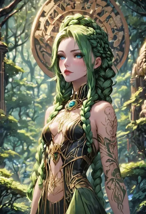 score_9, score_8_up, score_7_up, source_anime, BREAK, fantasy art deco, cinematic color grading, anime style, 1girl, woman, dark sorceress, (intricate tattoos:1),(huge opulent crown:1),(very high collar:1), bombshell hair, forest green hair with forest gre...