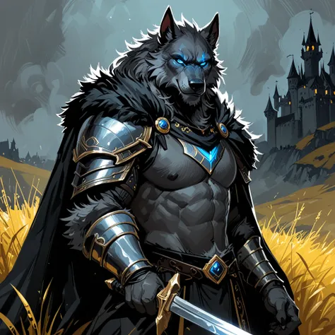 (elden ring), by Derek Gores, by Crookedtrees, anthro male (blaidd (elden ring):1.25), werewolf, armor, grey furred cloak, blue eyes, grey body, eye scar, holding big sword, half-length portrait, night, golden grassland, glowing grass, castle, foggy, reali...