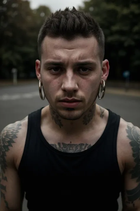 realistic,1boy, 30 year old, chav, rough, sweaty, Mancunian, mean, bully, druggie, shaved head, beard, (park background), realistic, dramatic lighting, atmospheric, intricate detail, upper half body, black t-shirt tattoos, single