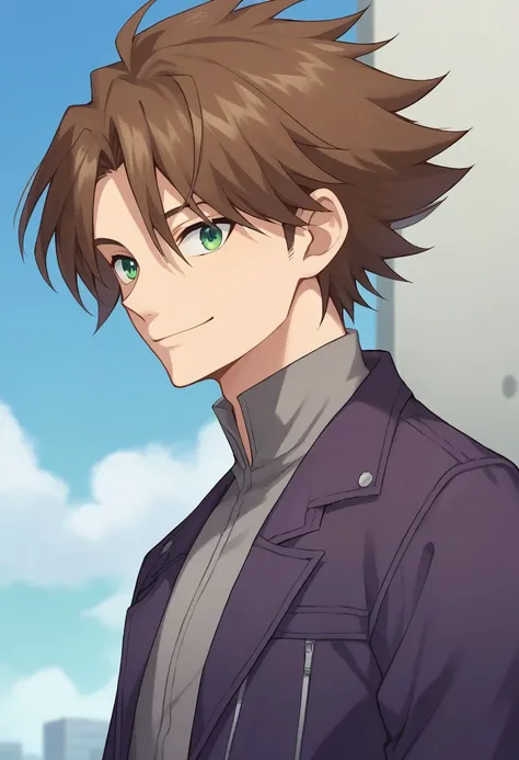 score_9, score_8_up, score_7_up, source_anime, highly detailed, 
kai, 1boy, brown hair, solo, green eyes, male focus, upper body, jacket, purple jacket, open jacket, grey shirt, pants, smile,
outdoor,