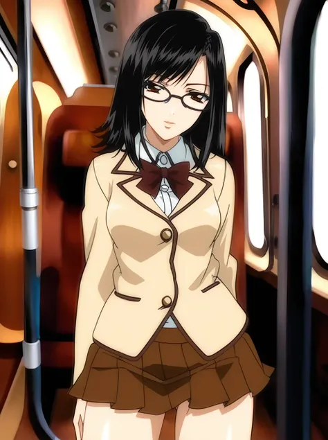 a woman,magane,looking at viewer, glasses,  cardigan,bowtie,pleated skirt, <lora:magane:0.9>,brown skirt,long sleeves, microskirt, inside train,black hair,