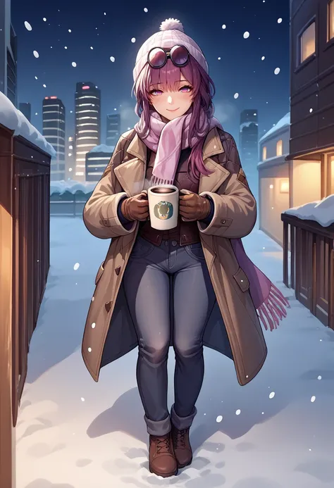 score_9, score_8_up, score_7_up, source_anime, <lora:Kafka-000008:1>, kafkadef, 1girl, solo,  purple eyes, bangs, full body, eyewear on head, winter clothes, beanie, scarf, coat, pants, gloves, holding, coffee cup, outdoors, night, snowing, skyline blush, ...