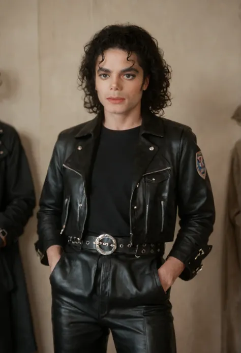 score_9, score_8_up, score_7_up, MichaelJackson, solo, black hair, 1boy, jacket, female focus, belt, curly hair, realistic, hands in pockets, leather, leather jacket