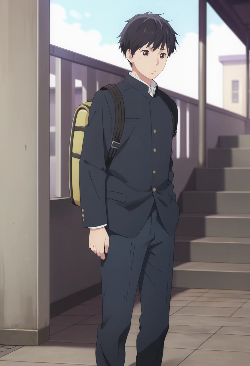 score_9, score_8_up, score_7_up, score_6_up, detailed, ,source_anime, male focus, kazuomi inui, black hair, brown eyes, school uniform, gakuran, 1boy, male focus, solo, bag, backpack, pants<lora:EMS-404099-EMS:1.000000>