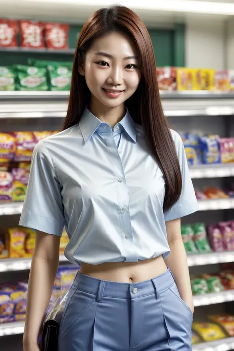 Asian woman, closeup, (shirt), pants, (convenience store), (), smiling , KM_jennifer, wide shoulders, perfect face, (contact iris: 1.1), pale skin, skin pores , depth of field