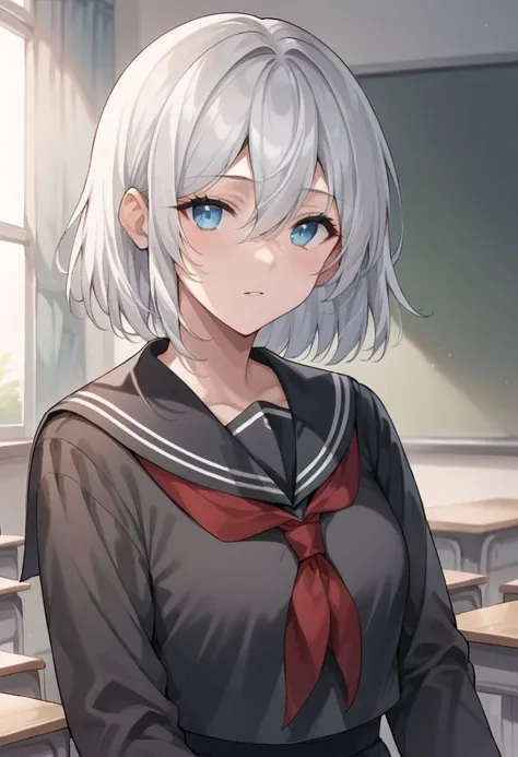 score_9, score_8_up, score_7_up,  amelia lily stafford, blue eyes, hair between eyes, white hair,medium hair, 1girl, solo, blackshirt , long sleeves, serafuku, black sailor collar, red neckerchief, school uniform,classroom