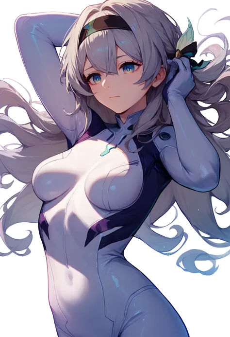 score_9,score_8_up,score_7_up,score_6_up, <lora:firefly_honkai_star_rail_v1_pdxl_goofy:1>firefly hsr, 1girl, solo, long hair, white background, hairband, bodysuit, plugsuit, breasts, simple background, closed mouth, grey hair, white bodysuit, bangs, medium...