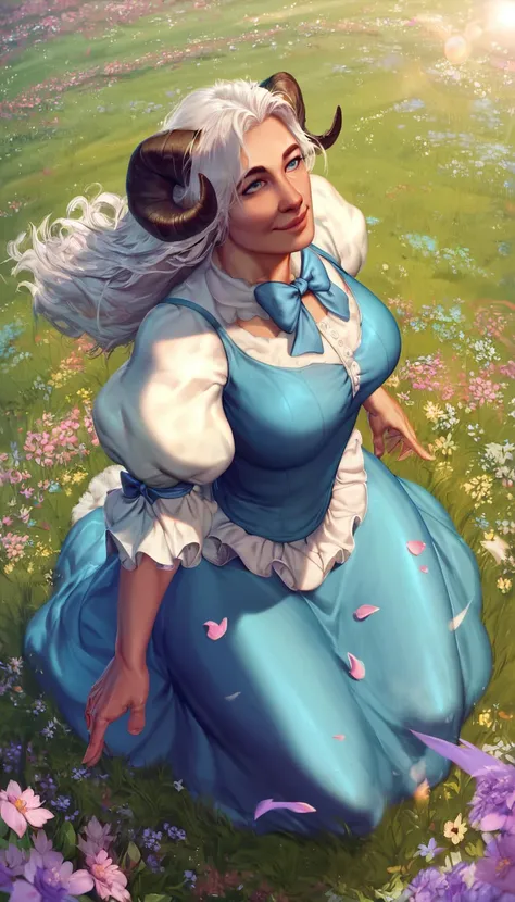 zPDXL2, score_9, score_8_up, score_7_up, score_6_up, score_5_up, score_4_up,  solo,outdoors,field,flowers,sunbeam,sheep girl,neck tuft,white hair,sheep horns,blue eyes,blue dress,frills,puffy sleeves,ribbons,bowtie,long hair,lens flare,from above,happy,win...