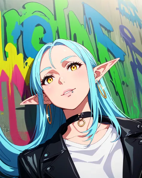 score_9,score_8_up, score_7_up, elf woman with blue hair, upper body, choker, black leather jacket, white t-shirt, hoop earrings, lip ring, long hair, yellow eyes, graffiti wall <lora:IngAnimePony:1>