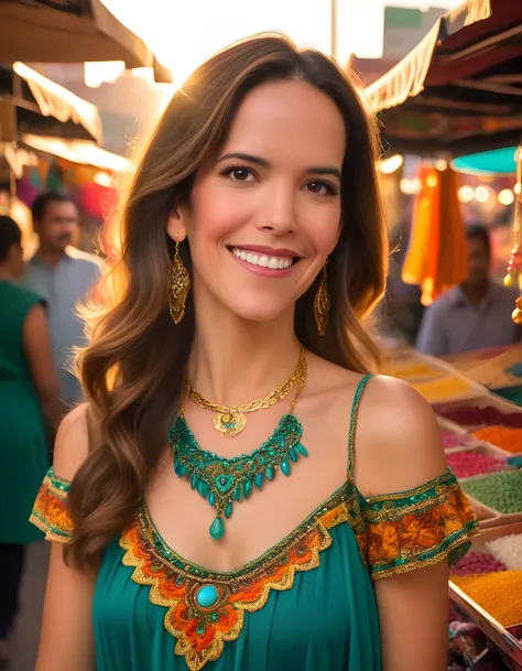 A captivating close-up image of Laura Contreras, her radiant brown eyes sparkling with warmth and kindness as she smiles gently, framed against the backdrop of a vibrant, sunset-hued Mexican market. Her long, dark hair cascades in loose waves down to her s...