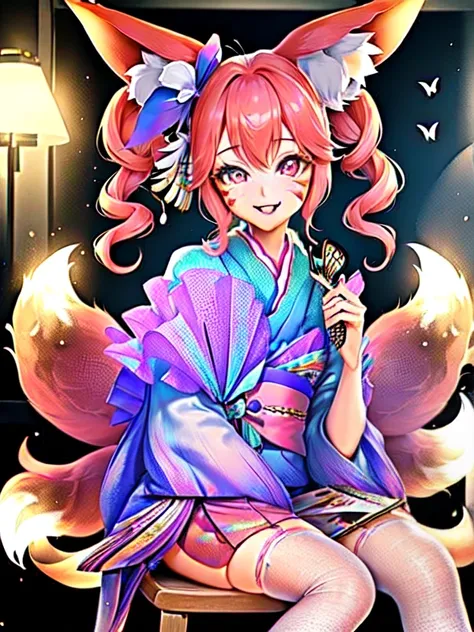 1 girl, cute girl, sitting, kimono, fox ears, fox tails, multiple tails, pink hair, holding fan, hairpin, perfect face