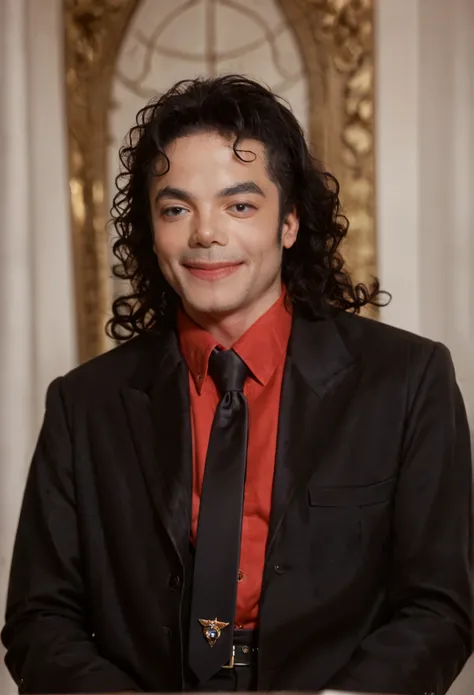 score_9, score_8_up, score_7_up, MichaelJackson, solo, long hair, smile, shirt, black hair, 1boy, jacket, upper body, male focus, necktie, collared shirt, black jacket, formal, suit, red shirt, black necktie, curly hair, realistic