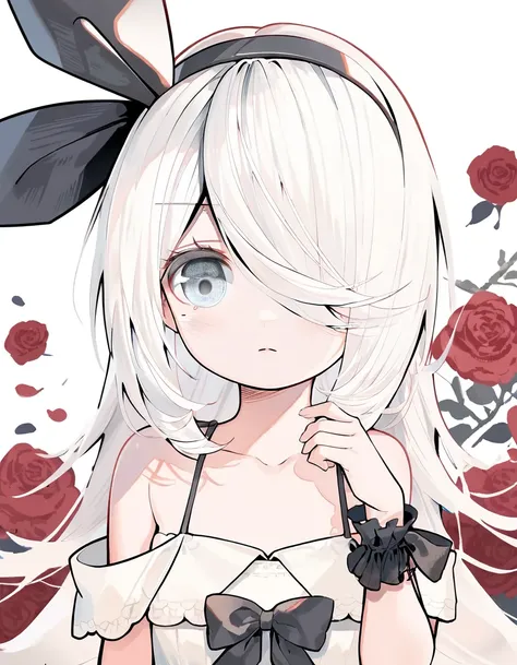 score_9,score_8_up,score_7_up,score_6_up,score_5_up,score_4_up, 1girl, solo, hair over one eye, white hair, long hair, blue eyes, looking at viewer, bow, upper body, black bow, dress, hairband, closed mouth, collarbone, bare shoulders, black hairband, whit...