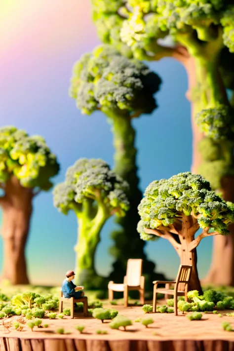 weisuo,Sky-high trees made of broccoli,woods,open meadow,figure sleeping on a wooden chair,low saturated colors,miniature figure,distant view,soft light,<lora:weisuo-000027:1>,